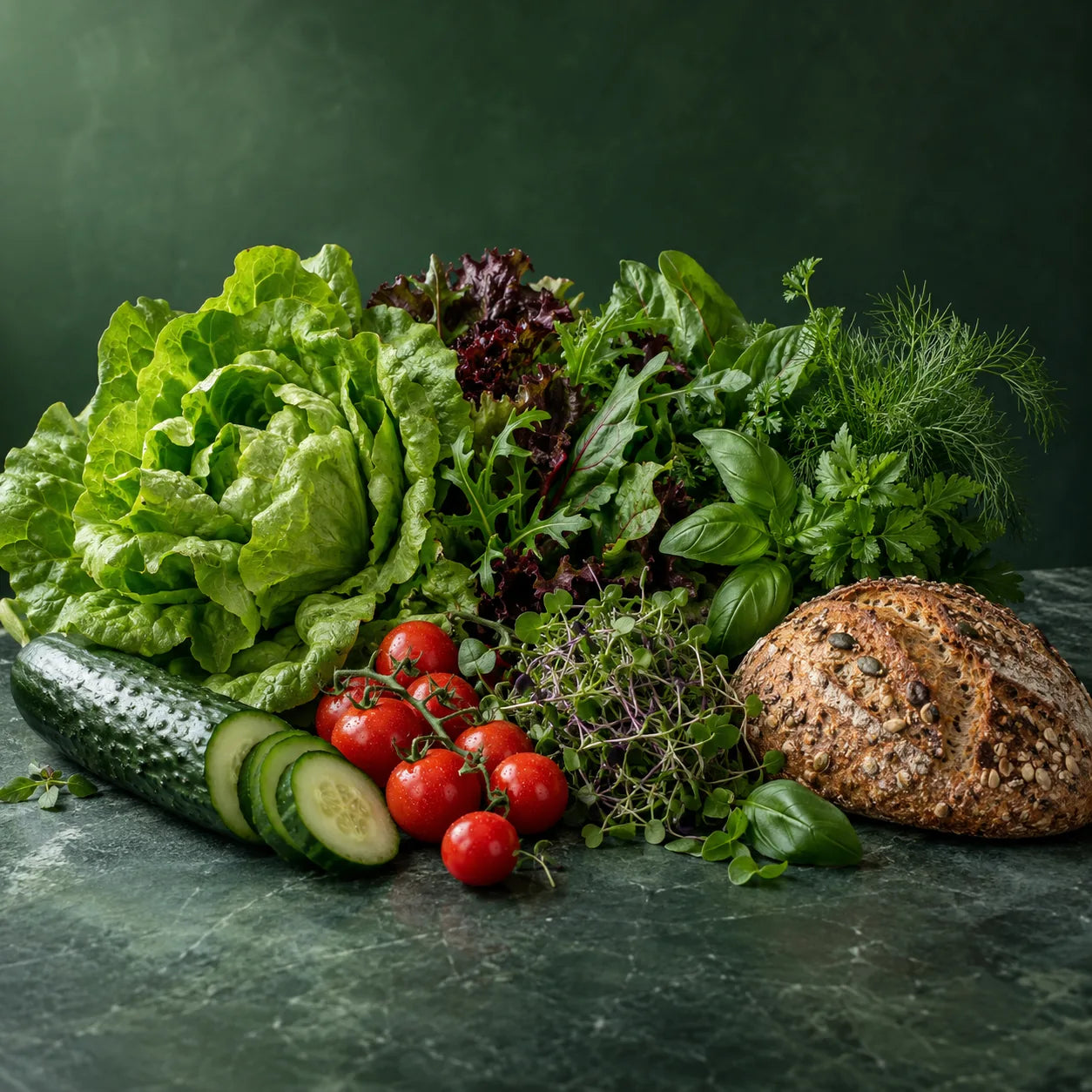 Illustration of produce for Monthly Veggie Kit; not a delivered box photograph