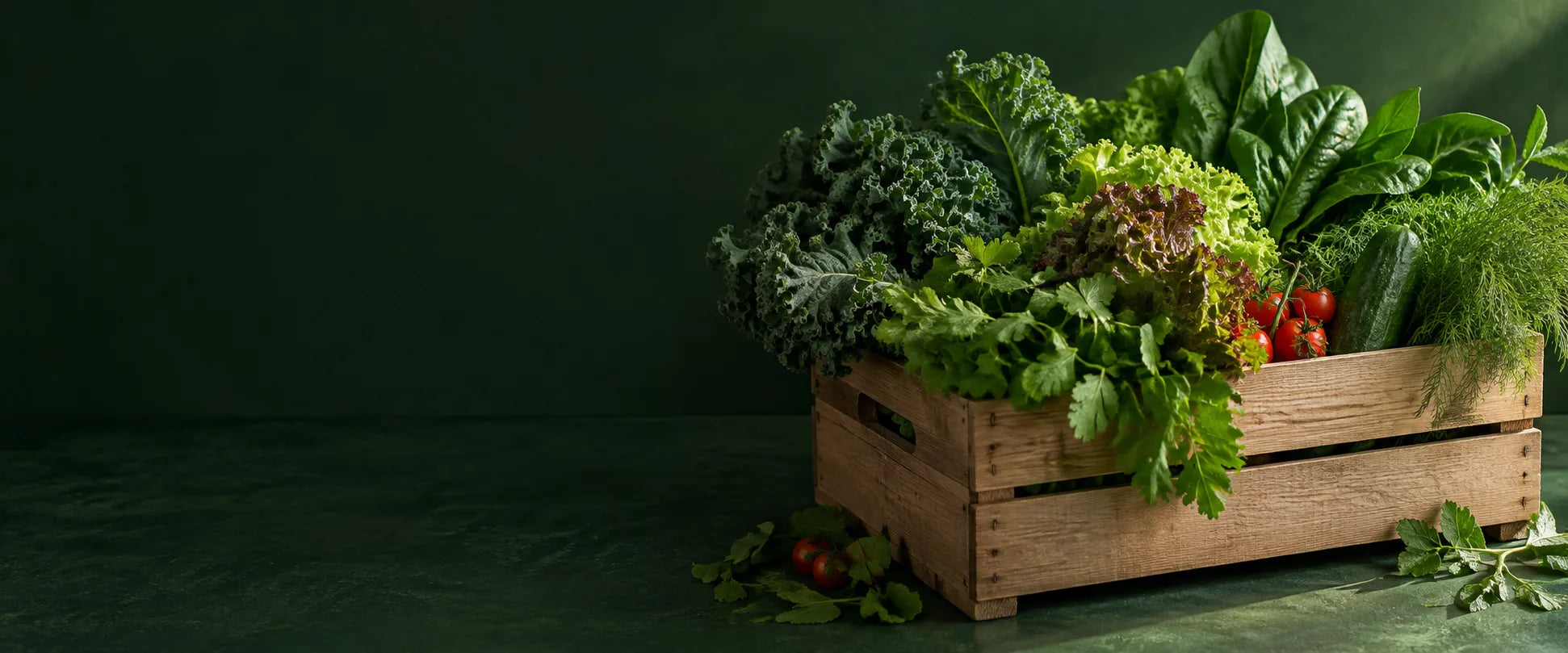 Illustrative crate of leafy greens and fresh produce