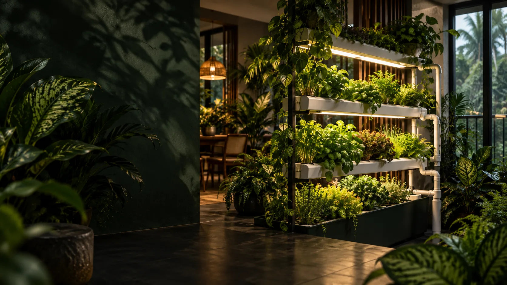 An indoor hydroponic growing space