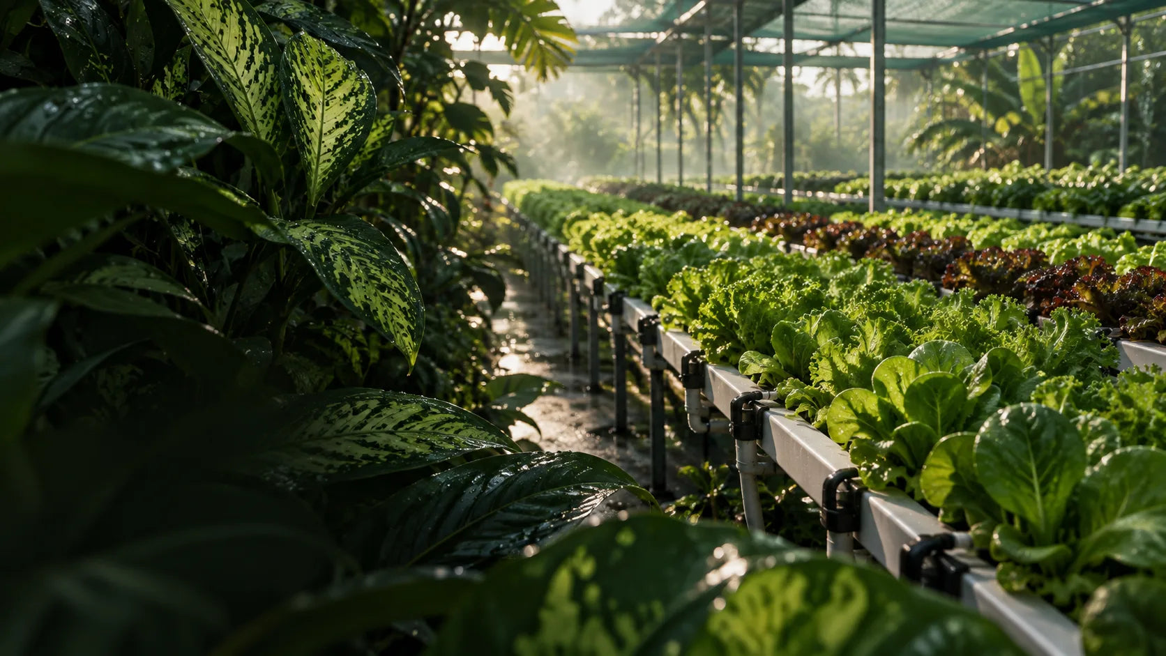 Rows of hydroponic leafy greens growing inside a greenhouse