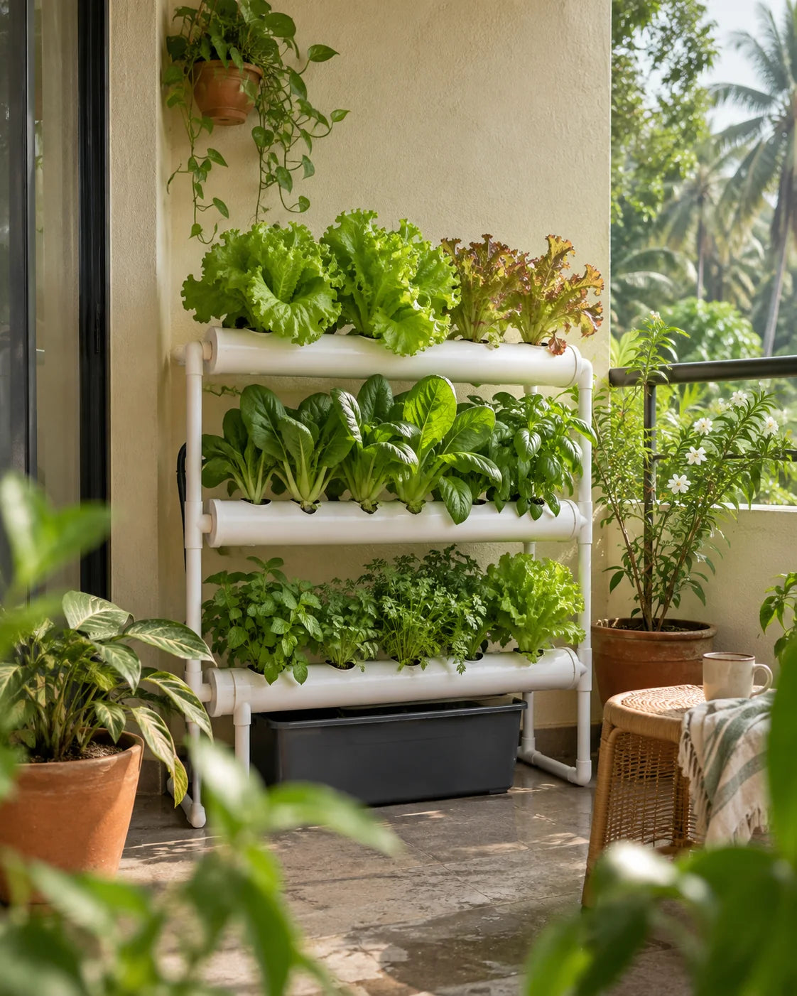 Illustrative home balcony hydroponic garden